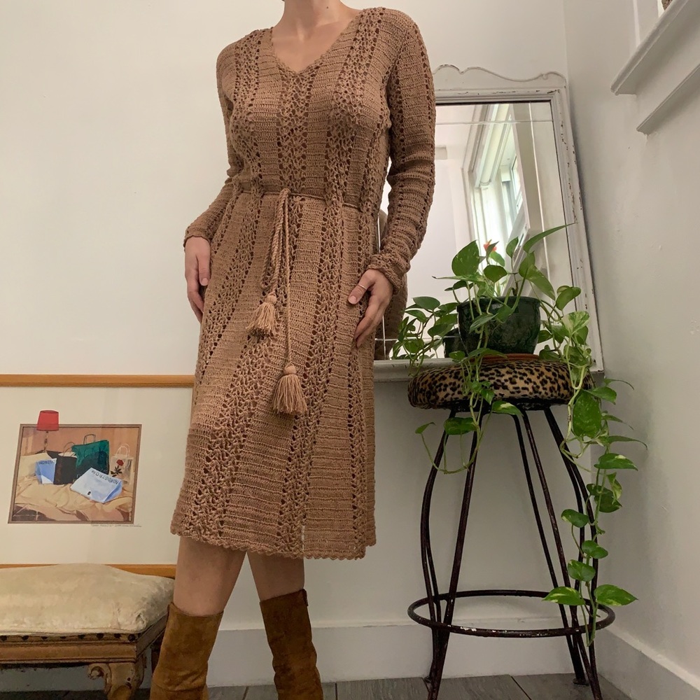 Vintage Tan Crochet Midi Dress Size M